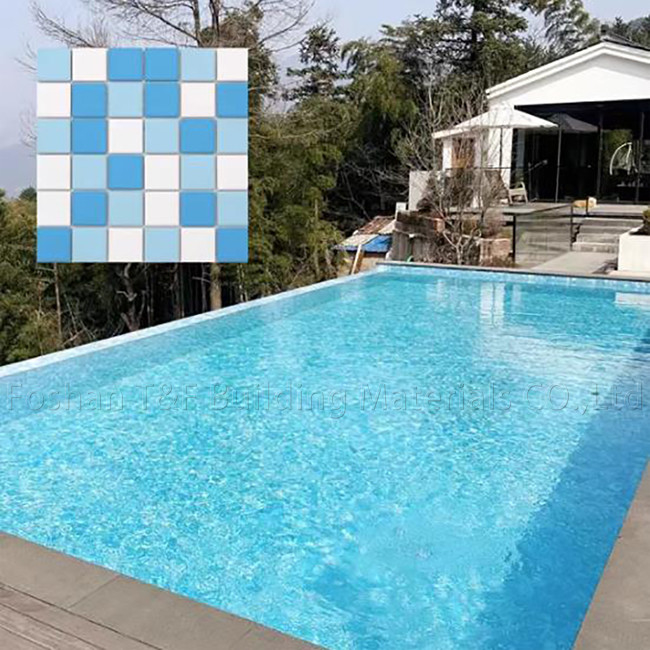 사각형 수영장 모자이크 타일 실내 물고기 수영장 세라믹 야외 풍경 벽지 파란색